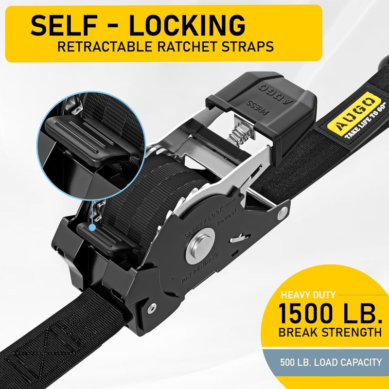 AUGO Self-Locking Retractable Ratchet Straps | 2 Heavy Duty Self-Tensioning Retractable Tie Down Straps with Soft Loops & Storage Bag | for Motorcycle, Truck, Cargo | 1500Lb Break Strength 1” x 12’ - Image 2